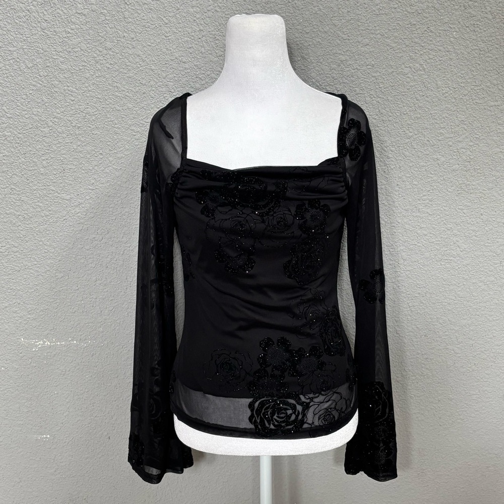 Wrapper Black Sheer Long-Sleeve Mesh Top with Floral Velvet Burnout